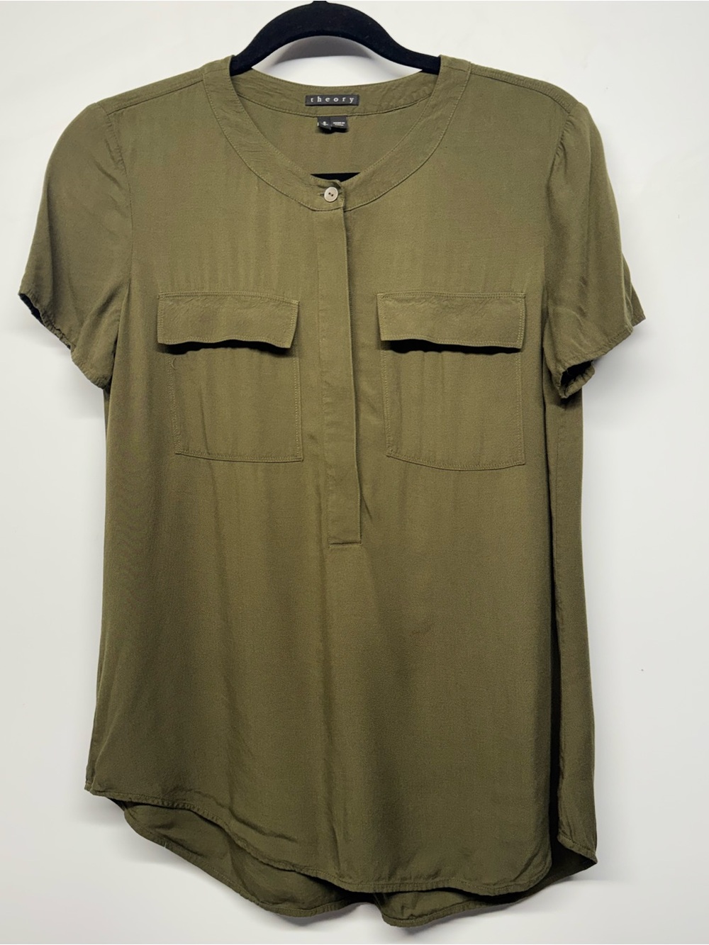 Theory Olive Green Short Sleeve Pocket Blouse : Small